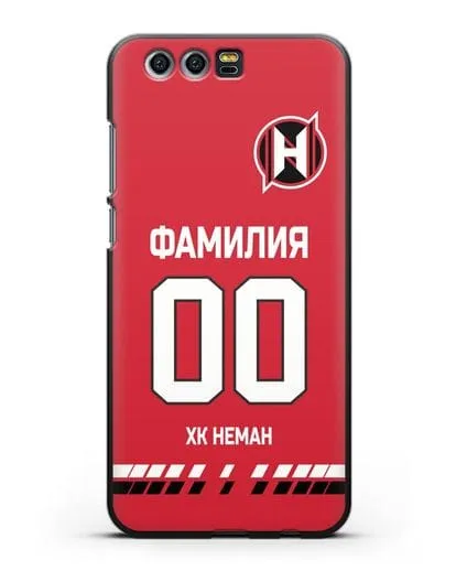 Именной чехол ХК Неман Гродно с фамилией и номером (сезон 2019-2020) красная форма силиконовый для Honor 9
