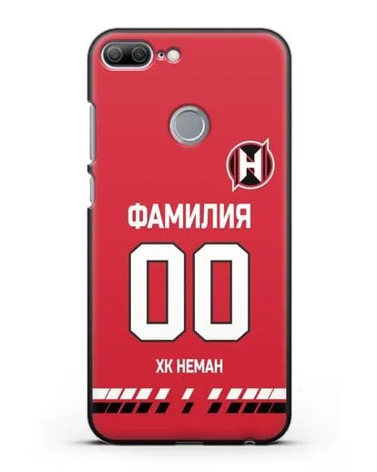Именной чехол ХК Неман Гродно с фамилией и номером (сезон 2019-2020) красная форма силиконовый для Honor 9 Lite