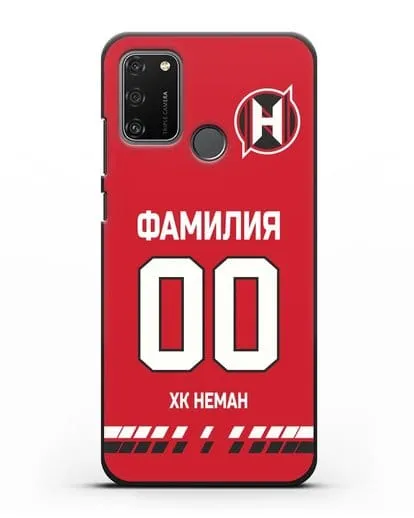 Именной чехол ХК Неман Гродно с фамилией и номером (сезон 2019-2020) красная форма силиконовый для Honor 9A