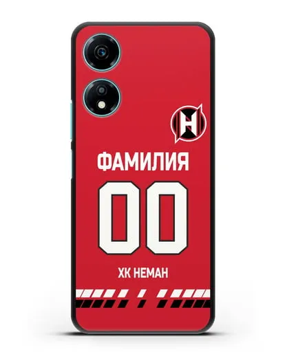 Именной чехол ХК Неман Гродно с фамилией и номером (сезон 2019-2020) красная форма силиконовый для Honor X5 Plus