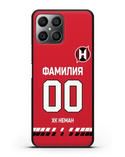 Именной чехол ХК Неман Гродно с фамилией и номером (сезон 2019-2020) красная форма силиконовый для Honor X8