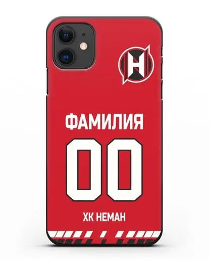 Именной чехол ХК Неман Гродно с фамилией и номером (сезон 2019-2020) красная форма силиконовый для iPhone 11