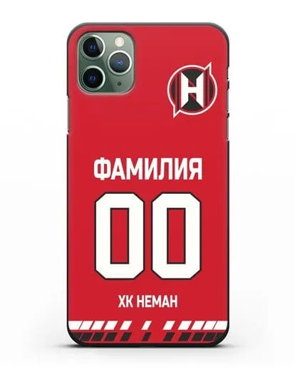 Именной чехол ХК Неман Гродно с фамилией и номером (сезон 2019-2020) красная форма силиконовый для iPhone 11 Pro Max