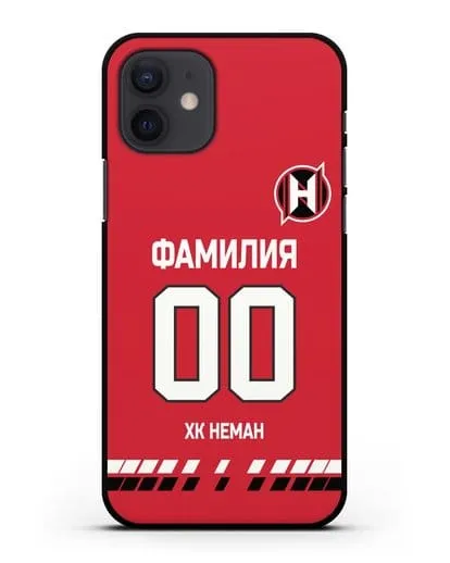 Именной чехол ХК Неман Гродно с фамилией и номером (сезон 2019-2020) красная форма силиконовый для iPhone 12