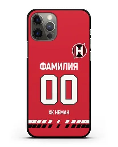 Именной чехол ХК Неман Гродно с фамилией и номером (сезон 2019-2020) красная форма силиконовый для iPhone 12 Pro