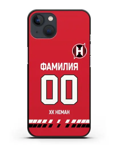 Именной чехол ХК Неман Гродно с фамилией и номером (сезон 2019-2020) красная форма силиконовый для iPhone 13 Mini