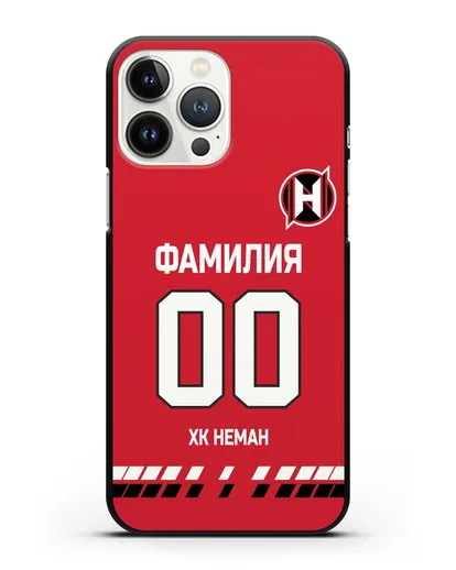 Именной чехол ХК Неман Гродно с фамилией и номером (сезон 2019-2020) красная форма силиконовый для iPhone 13 Pro Max