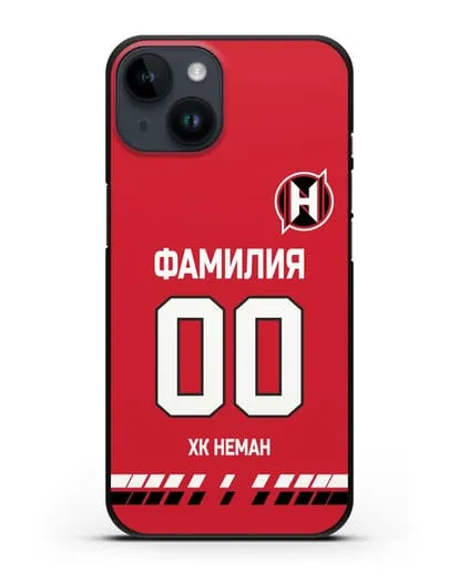 Именной чехол ХК Неман Гродно с фамилией и номером (сезон 2019-2020) красная форма силиконовый для iPhone 14