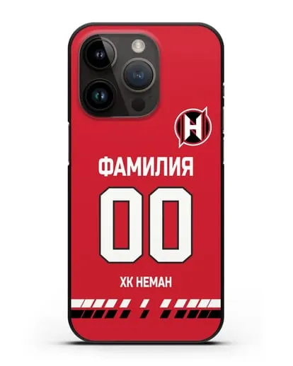 Именной чехол ХК Неман Гродно с фамилией и номером (сезон 2019-2020) красная форма силиконовый для iPhone 14 Pro