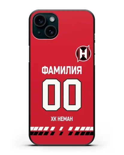 Именной чехол ХК Неман Гродно с фамилией и номером (сезон 2019-2020) красная форма силиконовый для iPhone 15 Plus