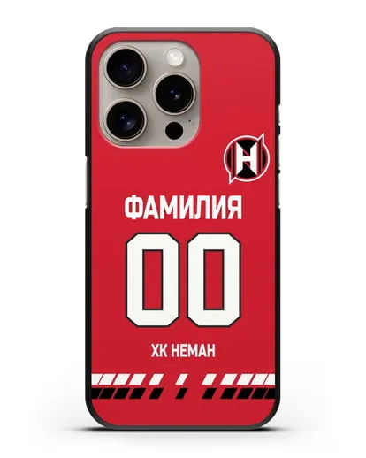 Именной чехол ХК Неман Гродно с фамилией и номером (сезон 2019-2020) красная форма силиконовый для iPhone 15 Pro