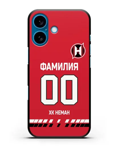 Именной чехол ХК Неман Гродно с фамилией и номером (сезон 2019-2020) красная форма силиконовый для iPhone 16