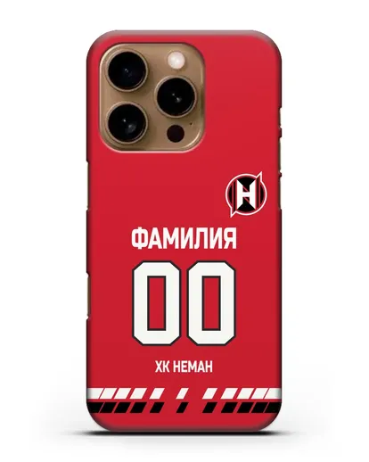 Именной чехол ХК Неман Гродно с фамилией и номером (сезон 2019-2020) красная форма силиконовый для iPhone 16 Pro