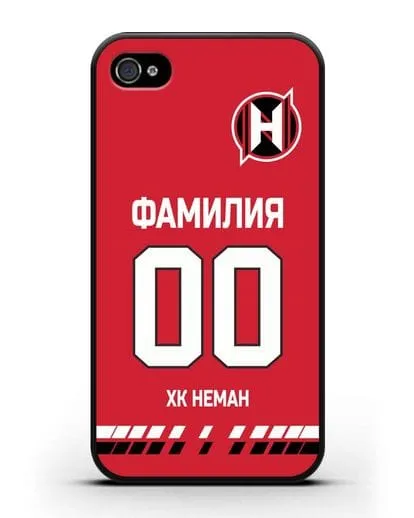 Именной чехол ХК Неман Гродно с фамилией и номером (сезон 2019-2020) красная форма силиконовый для iPhone 4/4s