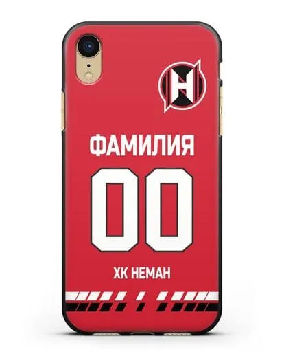 Именной чехол ХК Неман Гродно с фамилией и номером (сезон 2019-2020) красная форма силиконовый для iPhone XR
