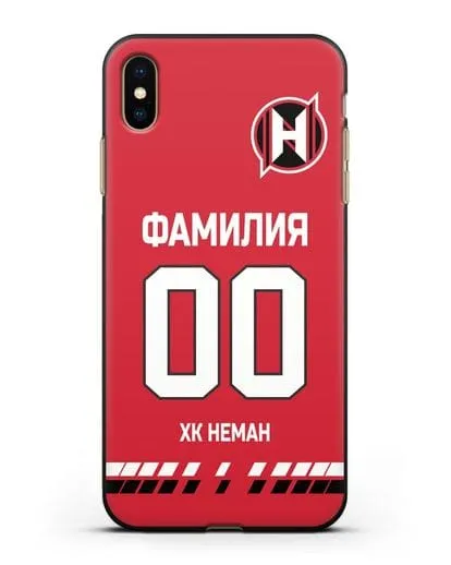 Именной чехол ХК Неман Гродно с фамилией и номером (сезон 2019-2020) красная форма силиконовый для iPhone XS Max