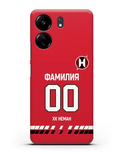 Именной чехол ХК Неман Гродно с фамилией и номером (сезон 2019-2020) красная форма силиконовый для Xiaomi Poco C65