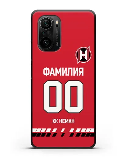 Именной чехол ХК Неман Гродно с фамилией и номером (сезон 2019-2020) красная форма силиконовый для Xiaomi Poco F3 Pro
