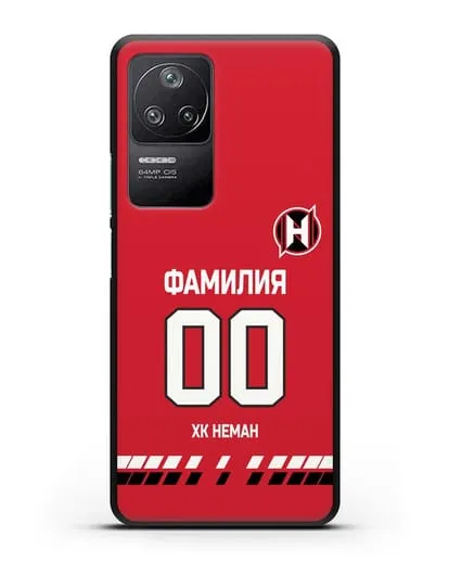 Именной чехол ХК Неман Гродно с фамилией и номером (сезон 2019-2020) красная форма силиконовый для Xiaomi Poco F4