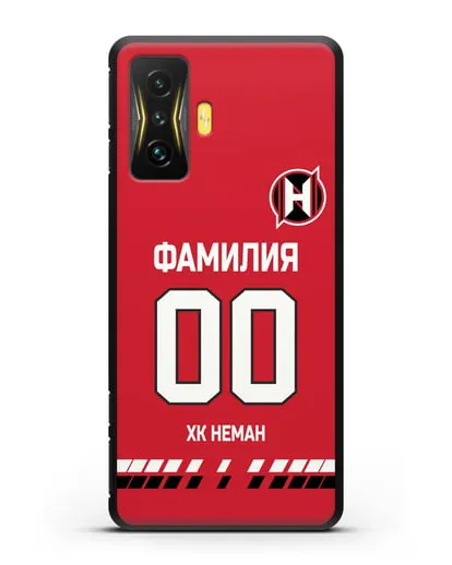 Именной чехол ХК Неман Гродно с фамилией и номером (сезон 2019-2020) красная форма силиконовый для Xiaomi Poco F4 GT