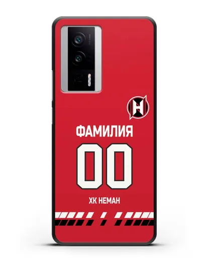 Именной чехол ХК Неман Гродно с фамилией и номером (сезон 2019-2020) красная форма силиконовый для Xiaomi Poco F5 Pro