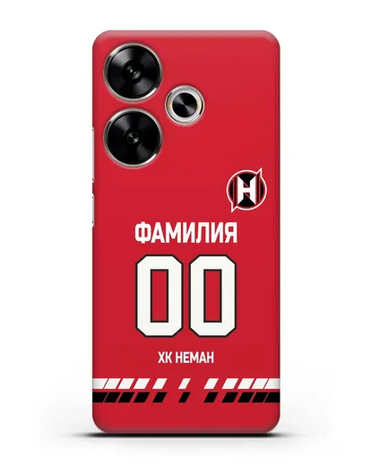 Именной чехол ХК Неман Гродно с фамилией и номером (сезон 2019-2020) красная форма силиконовый для Xiaomi Poco F6