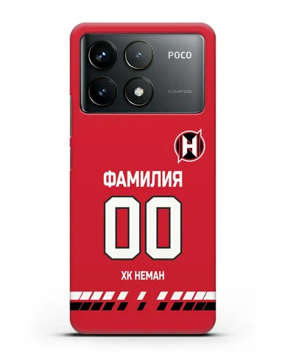 Именной чехол ХК Неман Гродно с фамилией и номером (сезон 2019-2020) красная форма силиконовый для Xiaomi Poco F6 Pro