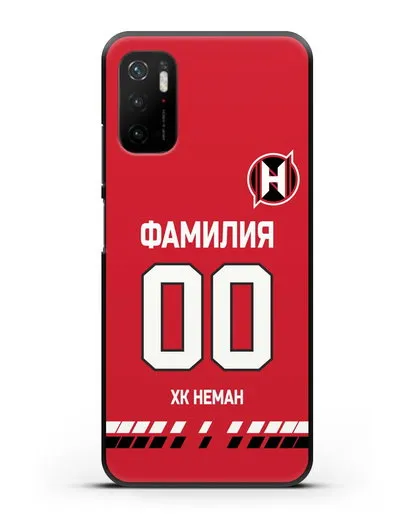 Именной чехол ХК Неман Гродно с фамилией и номером (сезон 2019-2020) красная форма силиконовый для Xiaomi Poco M3 Pro