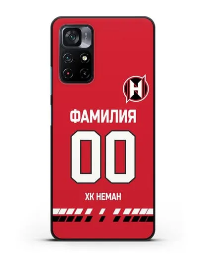 Именной чехол ХК Неман Гродно с фамилией и номером (сезон 2019-2020) красная форма силиконовый для Xiaomi Poco M4 Pro 5G