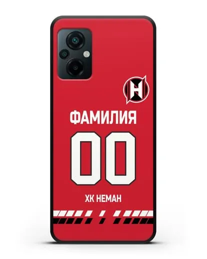 Именной чехол ХК Неман Гродно с фамилией и номером (сезон 2019-2020) красная форма силиконовый для Xiaomi Poco M5