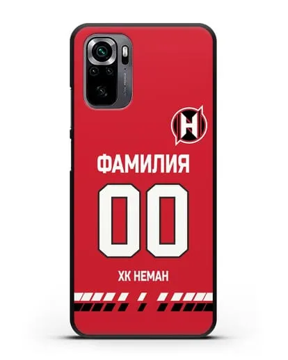 Именной чехол ХК Неман Гродно с фамилией и номером (сезон 2019-2020) красная форма силиконовый для Xiaomi Poco M5s
