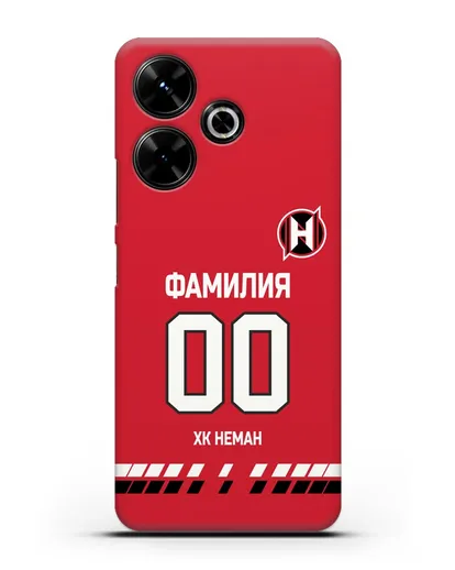Именной чехол ХК Неман Гродно с фамилией и номером (сезон 2019-2020) красная форма силиконовый для Xiaomi Poco M6