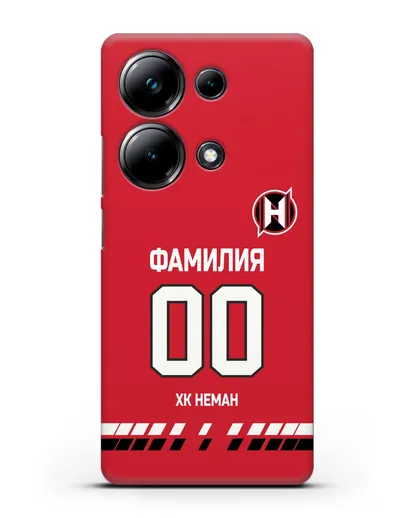 Именной чехол ХК Неман Гродно с фамилией и номером (сезон 2019-2020) красная форма силиконовый для Xiaomi Poco M6 Pro