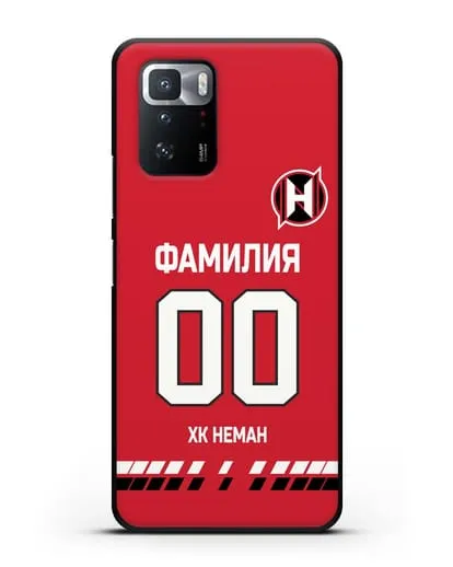 Именной чехол ХК Неман Гродно с фамилией и номером (сезон 2019-2020) красная форма силиконовый для Xiaomi Poco X3 GT