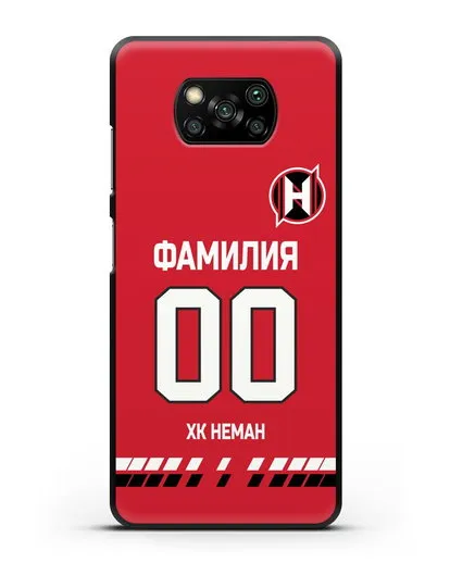 Именной чехол ХК Неман Гродно с фамилией и номером (сезон 2019-2020) красная форма силиконовый для Xiaomi Poco X3 Pro
