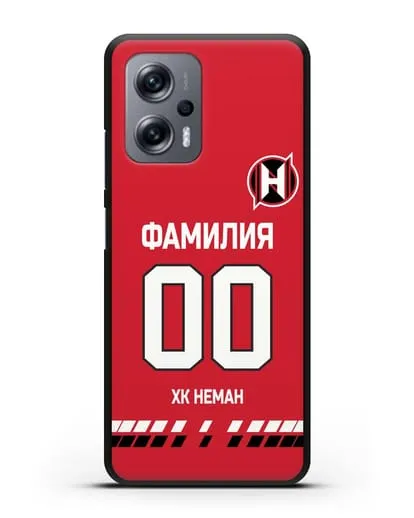 Именной чехол ХК Неман Гродно с фамилией и номером (сезон 2019-2020) красная форма силиконовый для Xiaomi Poco X4 GT