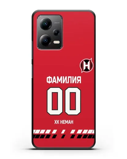 Именной чехол ХК Неман Гродно с фамилией и номером (сезон 2019-2020) красная форма силиконовый для Xiaomi Poco X5