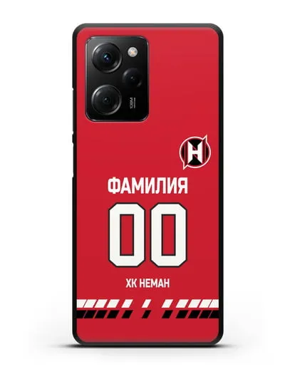 Именной чехол ХК Неман Гродно с фамилией и номером (сезон 2019-2020) красная форма силиконовый для Xiaomi Poco X5 Pro