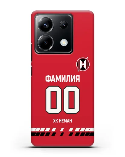 Именной чехол ХК Неман Гродно с фамилией и номером (сезон 2019-2020) красная форма силиконовый для Xiaomi Poco X6