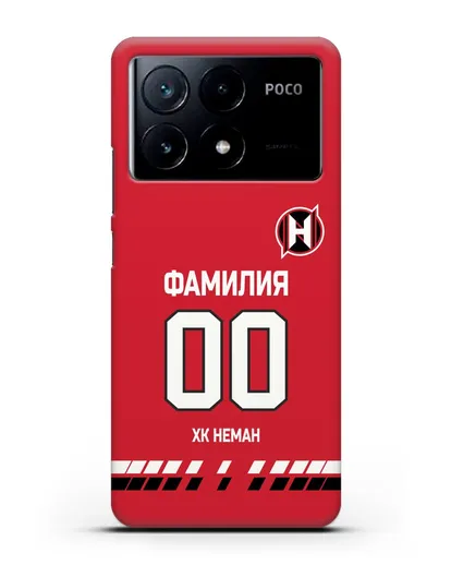 Именной чехол ХК Неман Гродно с фамилией и номером (сезон 2019-2020) красная форма силиконовый для Xiaomi Poco X6 Pro