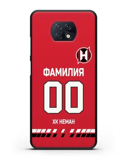Именной чехол ХК Неман Гродно с фамилией и номером (сезон 2019-2020) красная форма силиконовый для Xiaomi Redmi Note 9T