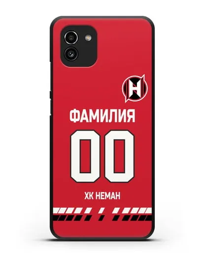 Именной чехол ХК Неман Гродно с фамилией и номером (сезон 2019-2020) красная форма силиконовый для Samsung Galaxy A03 [SM-A035]