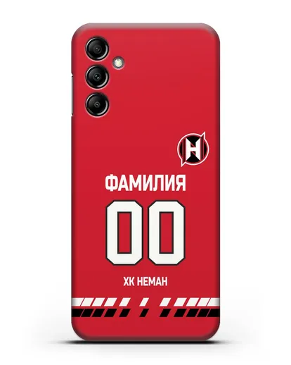 Именной чехол ХК Неман Гродно с фамилией и номером (сезон 2019-2020) красная форма силиконовый для Samsung Galaxy A14 [SM-A145]