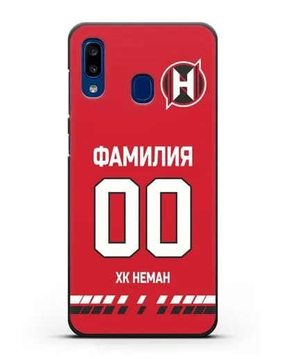 Именной чехол ХК Неман Гродно с фамилией и номером (сезон 2019-2020) красная форма силиконовый для Samsung Galaxy A20 [SM-A205FN]