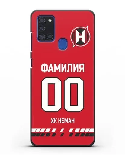 Именной чехол ХК Неман Гродно с фамилией и номером (сезон 2019-2020) красная форма силиконовый для Samsung Galaxy A21s [SM-A217F]