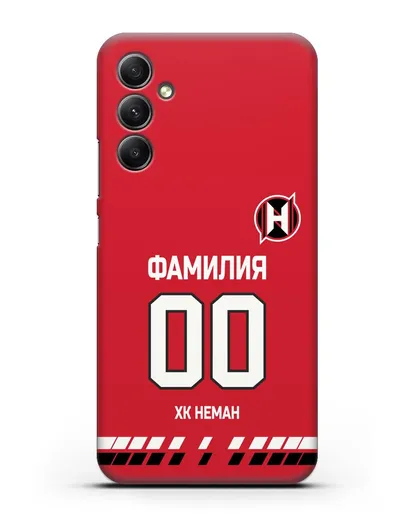 Именной чехол ХК Неман Гродно с фамилией и номером (сезон 2019-2020) красная форма силиконовый для Samsung Galaxy A34 [SM-A346]