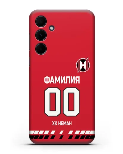 Именной чехол ХК Неман Гродно с фамилией и номером (сезон 2019-2020) красная форма силиконовый для Samsung Galaxy A35 [SM-A356]