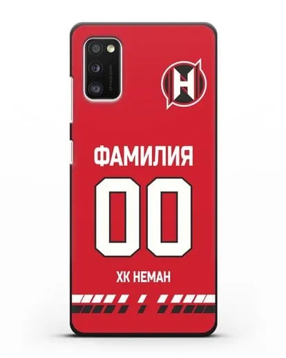 Именной чехол ХК Неман Гродно с фамилией и номером (сезон 2019-2020) красная форма силиконовый для Samsung Galaxy A41 [SM-A415F]