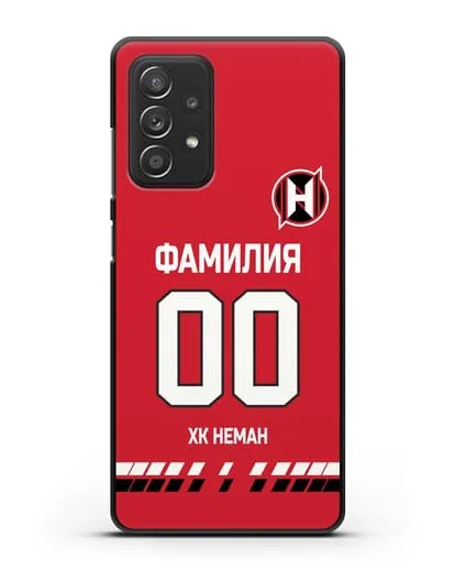 Именной чехол ХК Неман Гродно с фамилией и номером (сезон 2019-2020) красная форма силиконовый для Samsung Galaxy A53