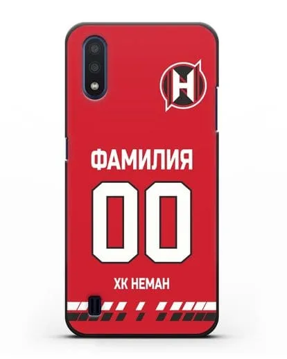 Именной чехол ХК Неман Гродно с фамилией и номером (сезон 2019-2020) красная форма силиконовый для Samsung Galaxy M01 [SM-M015F]